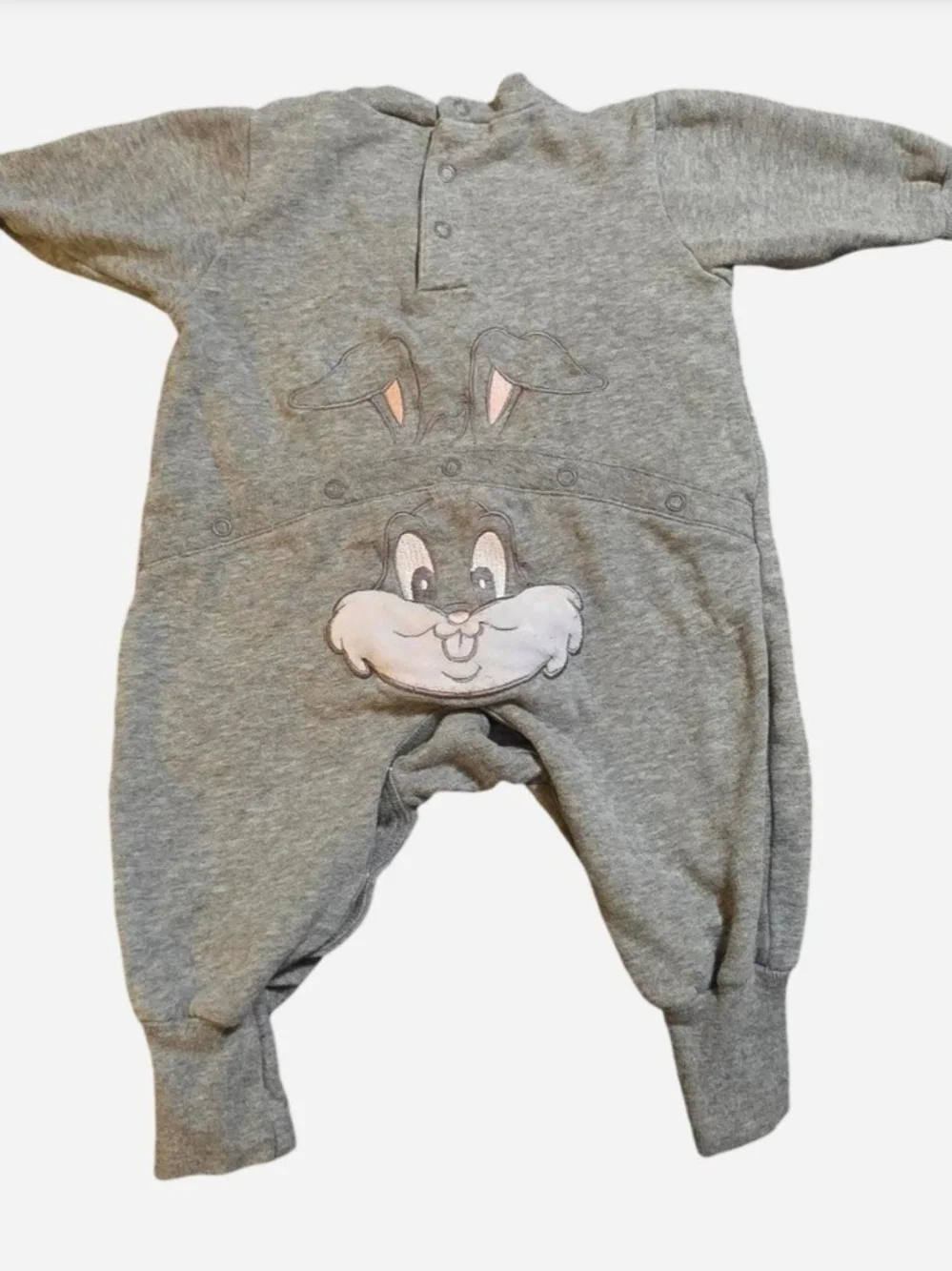 Vintage 2000 Warner Bros Baby Bugs Bunny Fleece Romper Onesie Gray 6-9M Looney